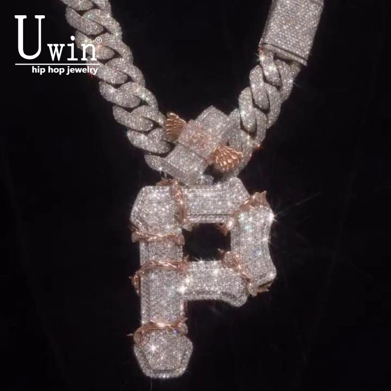 Cuban Link Chain 12Mm - Uwin Iced Out Stacheldraht-Engelsflügel Buchstabe P