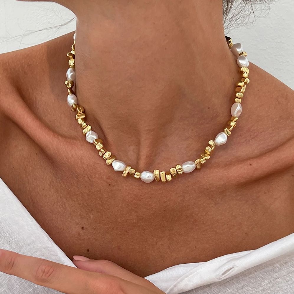 Pearl Choker Necklace Vintage - KunJoe Elegante Imitationsperlen-Halskette für Damen, Retro-Goldfarben,