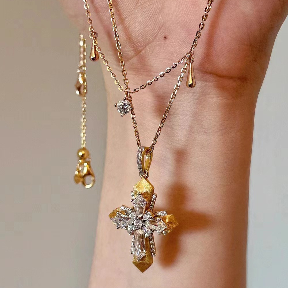 Cross Pendant Necklace Gold - Vintage Vatikan-Kreuz-Anhänger-Halsketten für Frauen, funkelnde Zirkon-Diamanten,