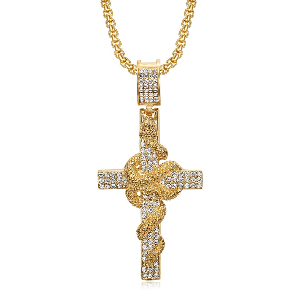 Cross Pendant Necklace Gold - Halsketten mit geschnitztem Kreuz-Anhänger aus Edelstahl