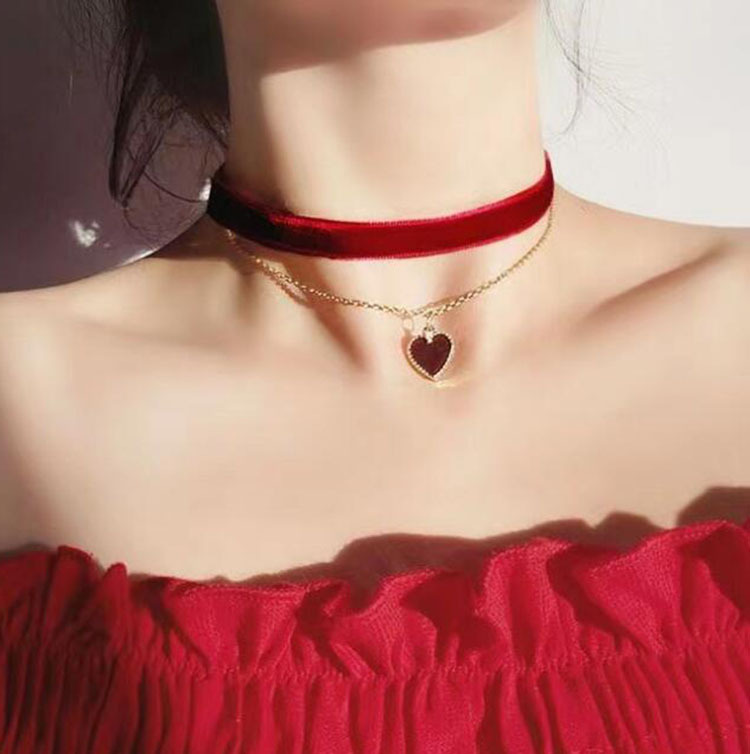 Layered Pendant Necklace Aesthetic - Romantische doppellagige Halsband-Halskette, roter Samt-Herz-Anhänger, Vintage-Gothic-ästhetischer