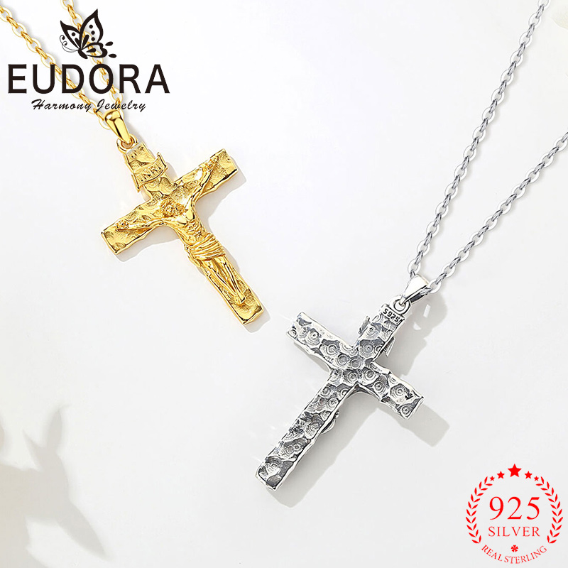 Cross Pendant Necklace Gold - Eudora Kruzifix-Kreuz-Halskette, 925er-Sterlingsilber, 18 Karat Gold,
